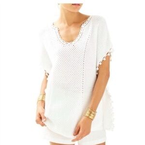 Lilly Pulitzer White Keating Short Sleeve Sweater Pom Pom Tassel Poncho Pullover